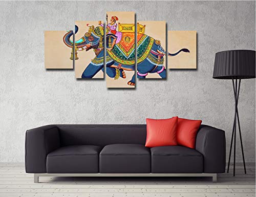 Canvas Wall Art Traditional Indian Elephant Painting Modern Artwork Picture For Wall Living Room Decor Rajasthani Wall Painting Elephant With Jockey Poster Prints Frame Decoration(60''Wx32''H) #TOP1