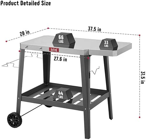 Miniatura 3 de Carrito de parrilla al aire libre, mesa de horno de pizza con ruedas, encimera de acero inoxidable con mesa de extensión plegable, carrito versátil