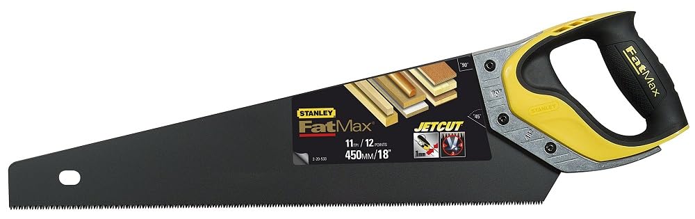Stanley 2-20-533 Scie Égoïne Coupe Fine 1 X 450 Mm - Gamme FatMax - Fabriqués En France - JetCut 11Dents - Traitement HardPoint Et Blade Armor - Poignée Tri Matière Jaune