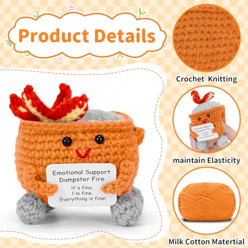 Image of Keyrose Emotional Support Dumpster Fire Crochet Doll, a Cute Funny Handmade Desk Accessories Office Decor, Birthday Gifts for Women Men with Positive Card (Orange)