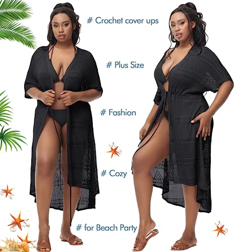 Hanna Nikole Women Plus Size Long Cover-ups for Swimwear Open Front Tie Beach Kimono Cardigan Flowy Beachwear4