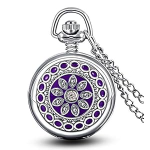 Purple Flower Pendant with Mirror Small Women Quartz Pocket Watch Silver Long Necklace with Gift Bag