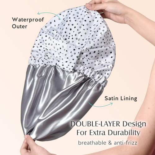 YFONG Reusable Shower Cap for Women, Waterproof & Durable Bath Cap with Double layer Lined, Adjustable Hair Cap for All Hair Lengths, Large Bathing Hat