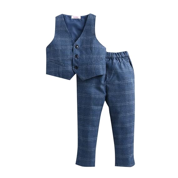 Hopscotch Boys Sleeveless Checked Pattern Waistcoat and Pant Formal Set in Blue Color