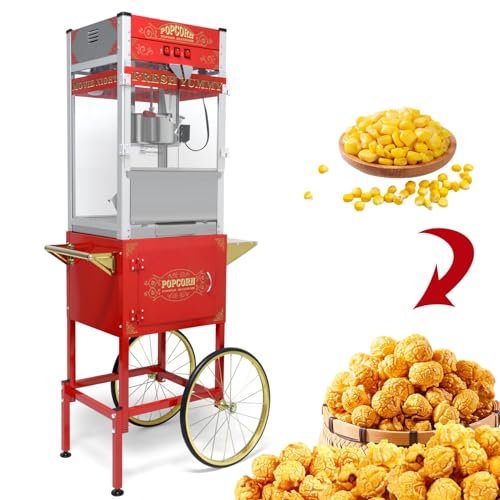 Image of 20 Oz Popcorn Machine with Cart: This popcorn machine on wheels combines an antique-style design with modern features. The cart includes bicycle-style wheels and a cabinet -Red