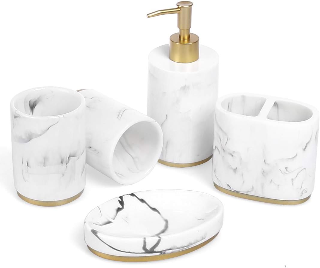 HaturiBathroom Accessories Set, 5 Pcs Marble Look Bathroom Sets for Counter Top Restroom Apartment Decor Stuff, Imitated Resin Kits, Gift for Women and Men-Ink White with Gold