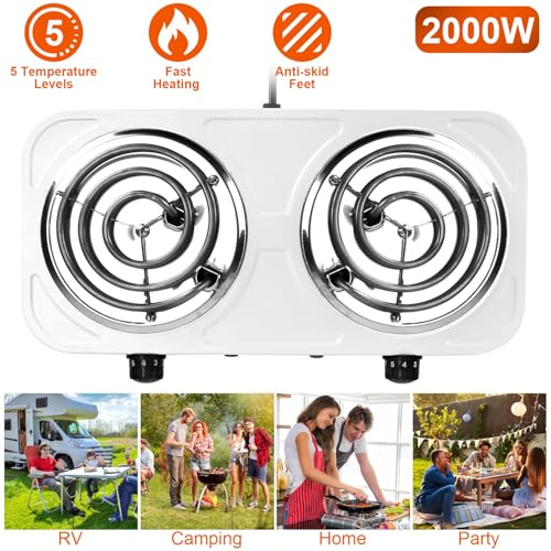 Image of Portable Double Burner Electric Coil Heating Hot Plate Stove Countertop | RV Hotplate Temperature Controls Easy to Clean 2000W White
