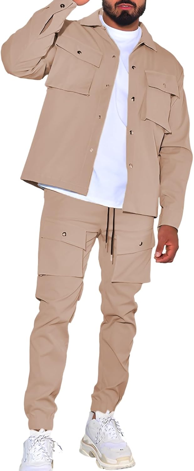 Men’s Tracksuit Set, Jacket with Button Placket and Cargo Trousers, Casual Jogging Suits with Pockets