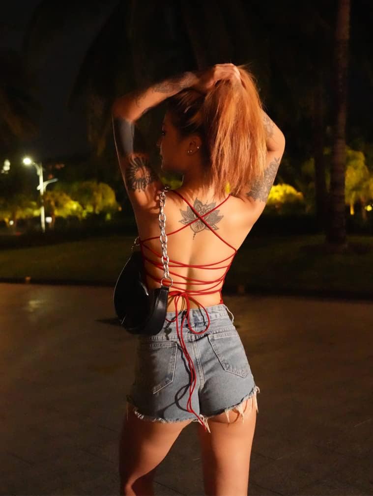 YMDUCH Women's Sexy Sleeveless Criss Cross Backless Cami Bodycon Bodysuit Tops - Image 5