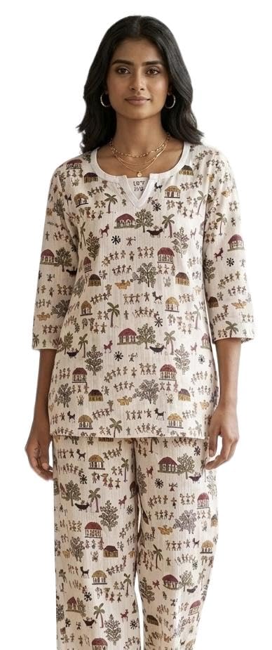 Women's Warli Print Cotton Nightsuit, Cream-picture-21