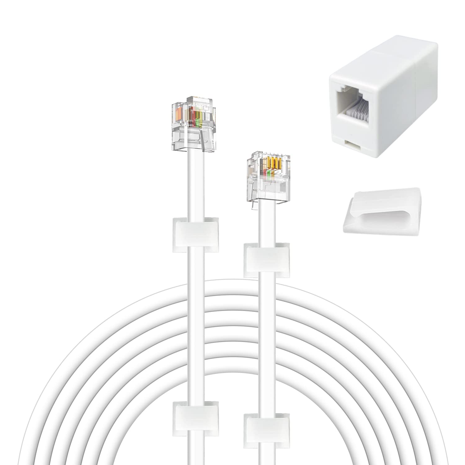 30 Feet Telephone Cable(RJ11 6P4C Plug) Include 1 in-Line Couplers(Double RJ11 6P4C Female) and 20 Cable Clips, White