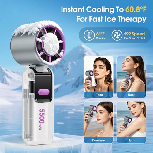 Hantan Ice Cooling Handheld Portable Turbo Fan with Built-in Charging Cable, Speed (1-199), 5500mAh Battery, Rechargeable Personal Fan for Travel, Outdoor, Camping, Hiking, Office (Grey) — view 3