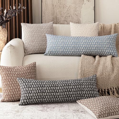 Image of Foindtower Set of 2 Decorative Neutral Body Lumbar Throw Pillow Covers Vintage Accent Farmhouse Cushion Covers Floral Home Decor for Sofa Couch Chair Bedroom Living Room,14x36 Inch,Dusty Blue
