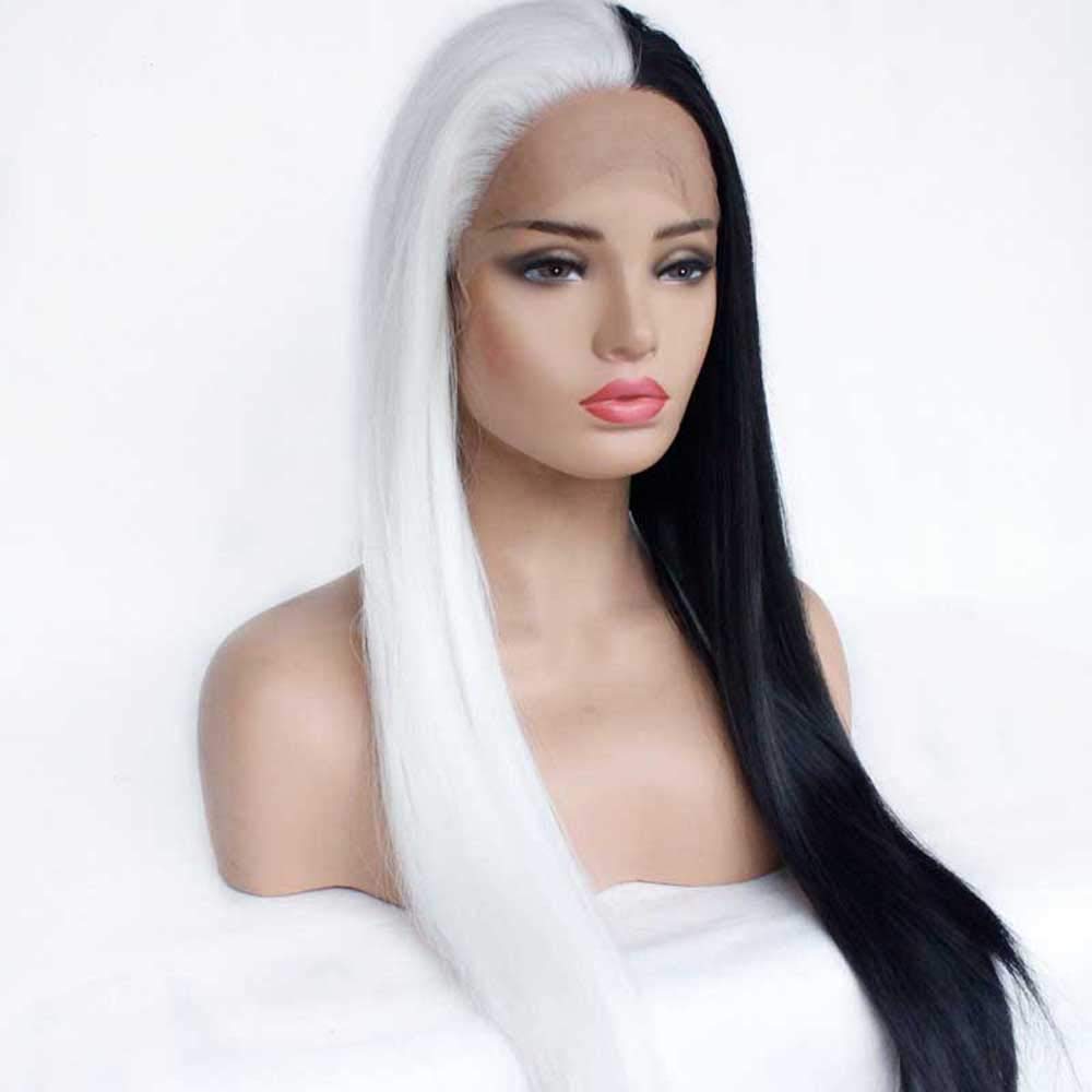 Half Black Half White Synthetic Lace Front Wig Long Silky Straight Wigs For Womne Hair Heat Resistant Fiber Long Hair Wigs Cosplay Wigs