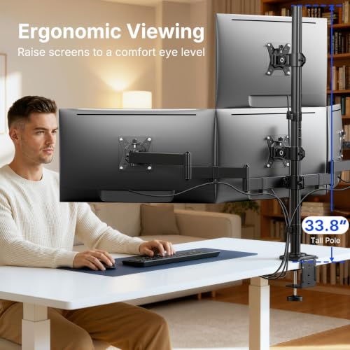 Image of HUANUO 4 Monitor Mount for 13-34 Inch Screens, Fully Adjustable Heavy Duty Monitor Desk Mount for 4 Screens with Swivel, Tilt, Rotation, Larger C-Clamp & Grommet Base, Each Arm Holds up to 22 lbs