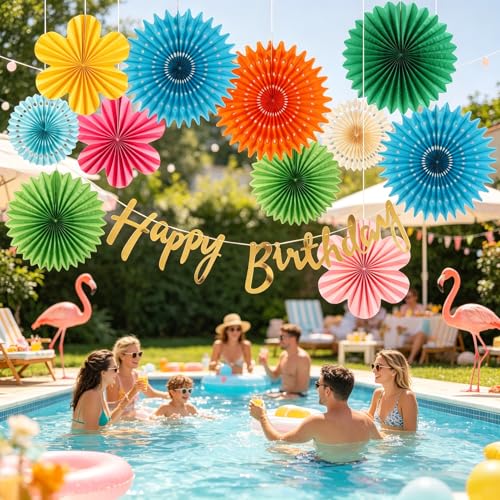 Image of PAPER JAZZ Flowers Paper Birthday Party Decorations Happy Birthday Banners Red and Blue Paper Fans Classroom Decor Flower Wall Decor Hanging Ceiling Decorations