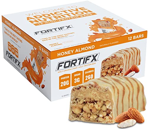 Fortifx Protein Bars - 20g Protein - 3g Sugar - Low Calorie High Protein Bars - Gluten Free Candy Bar - Whey & Granola Protein Snacks - Low Sugar One Meal Replacement Bar (Honey Almond)