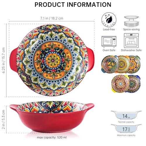 Henten Home Schalensets mit Griffen, Salatteller Servierteller 6er Set, 520ml Keramik Pastateller für Pasta Salat Obst, Bunt Schalen - Böhmischer Stil