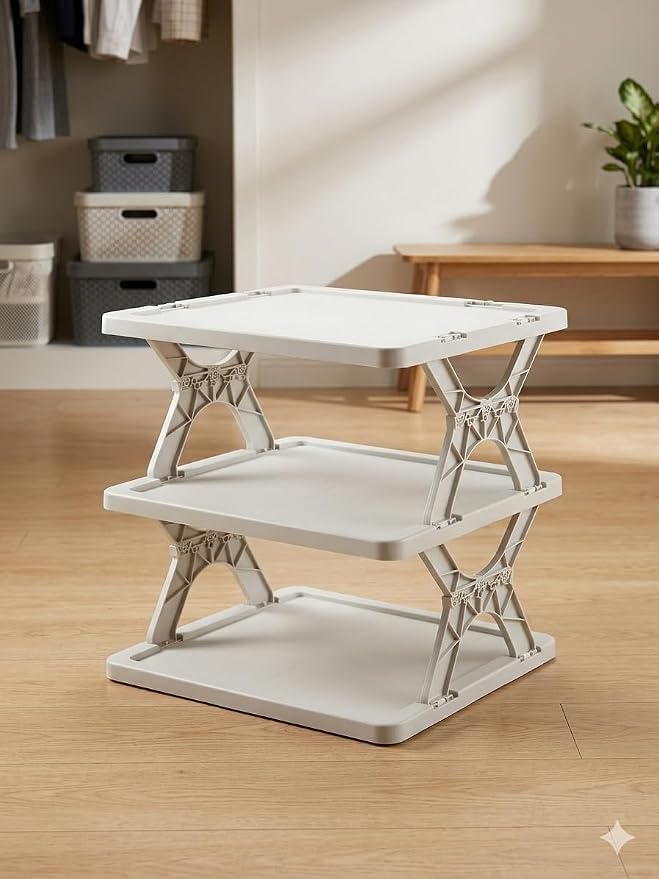 Image of 3 Tier Foldable Storage Rack | Multipurpose Plastic Organizer Shelf for Kitchen, Bathroom, Living Room & Office |Heavy Duty Space Saving Storage Stand |Easy No-Tool Assembly (White & Black)