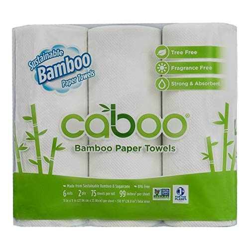 Caboo Tree Free Bamboo Paper Towels, 6 Rolls, Earth Friendly Sustainable Kitchen Paper Towels with Strong 2 Ply Sheets