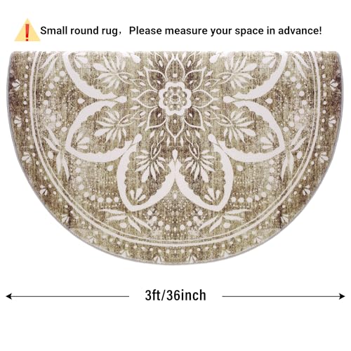 Image of Carvapet 36 inch /91 cm Washable Round Rugs - Small Vintage Circle Rug, Non Slip Rubber Backing Foldable Low Pile for Living Room Bedroom, 3ft Brown Rug