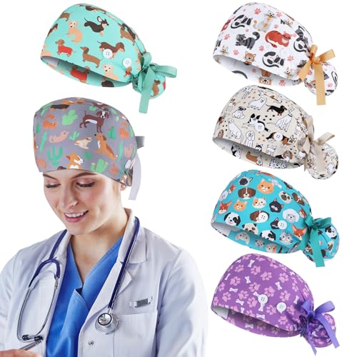 Image of 6 Pcs Scrub Caps for Women Doctor Nursing Hats with Buttons Adjustable Tie Back Working Cap Bouffant Scrub Hats for Women Men