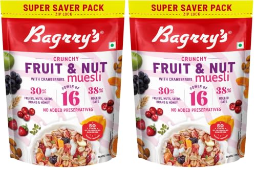 Image of Bagrry's Crunchy Fruit & Nut Muesli with 30% Real Fruits, Nuts & Seeds- 750G | 16 Real & Freeze Dried Fruits, Nuts, Seeds & Berries Muesli | No Candy | 38% High Fibre Oats, No Cornflakes | Fibre & Protein Rich Breakfast Cereal