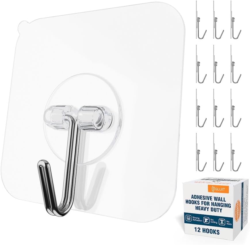 GLUIT Stainless Steel Polyvinyl Chloride Heavy Duty 22 lbs Self Adhesive Waterproof Wall Hooks (Transparent, 12 Pack)