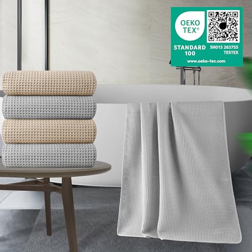 Image of POLYTE 430 GSM Microfiber Oversize Quick Dry Lint Free Bath Towel, 60 x 30 in, 4 Pack (Waffle Weave)