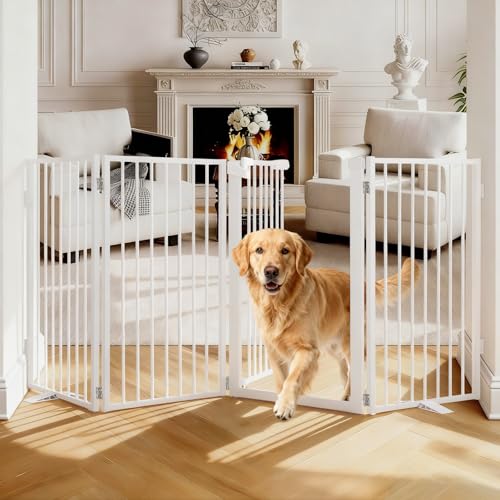 Snagle Paw Metal Freestanding Dog Gate with Door,80” W x 36” H Dog Fence with Support Feet for Doorways, Stairs and Hallways, Portable Pet Gate for Indoor Use (4 Panel, White) White 4 Panels