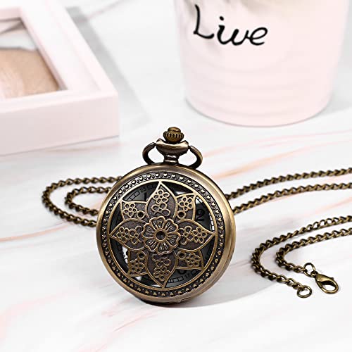 Image of JewelryWe Bronze Flower Pocket Watch: Retro Vintage Pendant Watch with Openwork Cover and 32.3 Inch Chain - for Men Women Daily Wear and Gift Giving