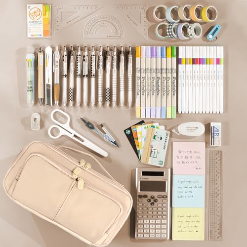 Image of Pencil Case Large Capacity Pencil Pouch Pen Bag with Handle, Portable Pencil Case Pencil Bags with Zipper Student Stationery Bag for Girls and Boys Teen Adults Men Women (Beige)