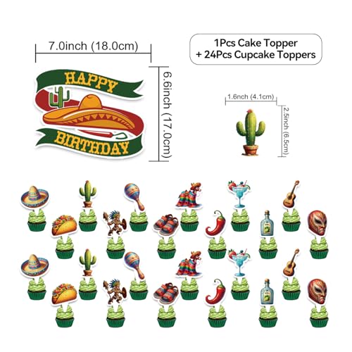 Image of Mexican Birthday Decoration Set, Mexico Fiesta Happy Birthday Banner, Party Supplies with Banner, Hanging Swirl, Balloon, Cake Topper, Cupcake Topper