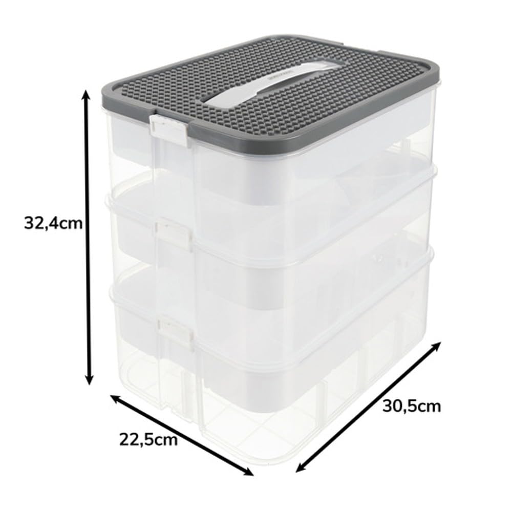 KRUZZEL Spielzeug Organizer 22L 3 Etagen mit Fächern – Stapelbox Transparent mit Tragegriff & Einteilungen – Kistenbox für Bausteine Kinderzimmer