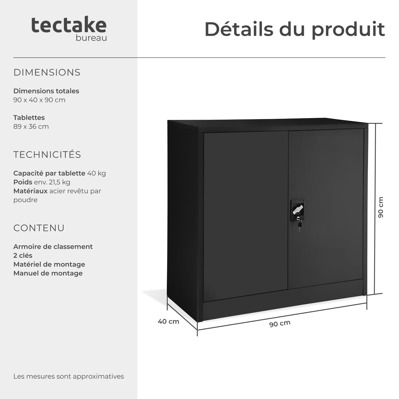 tectake® Armoire de Bureau métallique 90x40x90cm avec Serrure Rangement Bureau avec 3 Compartiments pour Classeur Rangement Documents Industriel Meuble 2 Portes, 2 Étagères Réglables en Hauteur