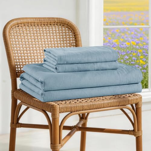 Image of 100% French Linen Sheet Set 4Pcs Deep Pocket 16 inch, Cal King Size Dusty Blue
