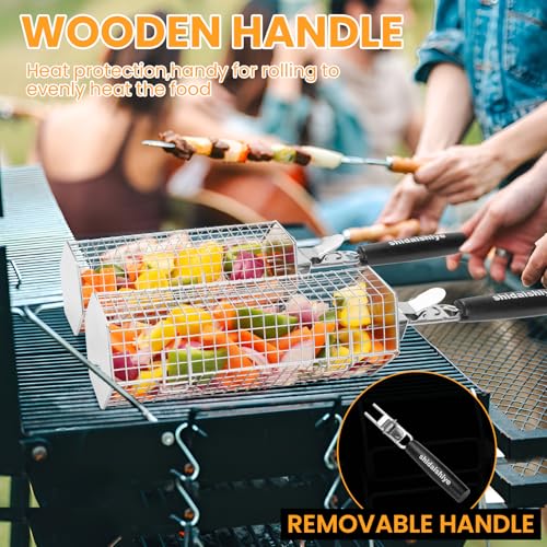 Rollendes Grillkorb Set,Grill Zubehör mit Abnehmbarem Holzgriff,Edelstahl-Nesting-Grillnetz, Outdoor Küche Grill Zubehör für Gemüse, Fleisch und Meeresfrüchte am Außengril, Geschenke für Männer(2 PCS)