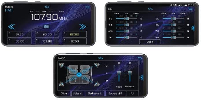 Soundstream Commander App interfaces for radio, equalizer, and fader/balance settings