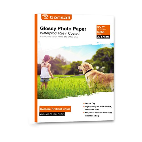 Bonsaii Glossy Photo Paper,Waterproof Resin Coated, 5x7 inches,20 Sheets