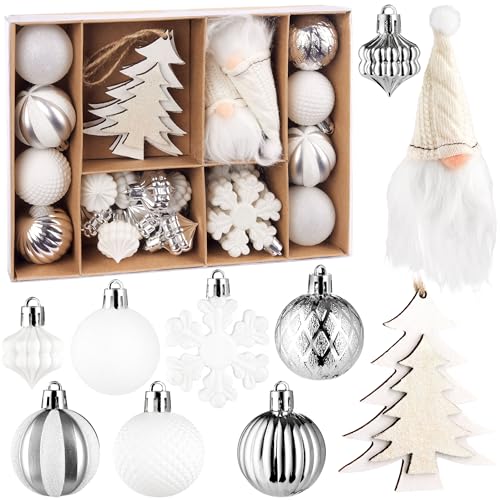 BRUBAKER 24 Piezas Adornos de Navidad Blanco y Plata - Set de Bolas de Navidad con Gnomos, Árboles de Navidad, Copos de Nieve y Bolas de Navidad con Glitter y Patrones - Adornos de Madera y Plástico