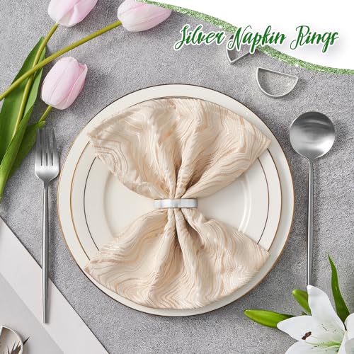 Image of APTWOW Silver Napkin Rings Set of 12, Semicircle Metal Silver Napkin Holder Buckles, Fall Thanksgiving Christmas Napkin Rings for Dinner Table Decor, Wedding, Banquet, Party