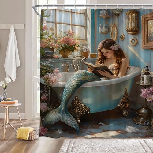 DSMEUE Mermaid Shower Curtain for Bathroom Decor Vintage Ocean Themed Floral Girly Funny Blue Fabric Curtain with Hooks 70x70 Inch