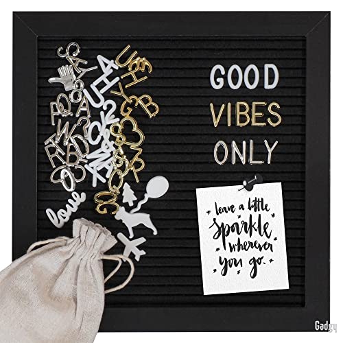 Gadgy ® Retro Filz Letter Board Schwarz | Mit 510 golden, Silber & weiße Buchstaben, Ständer und Beutel | 25x25 cm (25 x 25 cm)