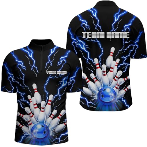 PIONAMZIOZ Thunder Lightning Bowling Shirt Custom Bowling Jersey for Men Women Team Bowling Polo & 1/4 Zip Shirt (US, Alpha, Small, 5X-Large, Regular, Regular, Blue)