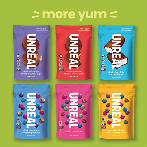 UNREAL Dark Chocolate Crispy Quinoa Peanut Butter Cups - Vegan, Gluten Free, Less Sugar (6 Bags)