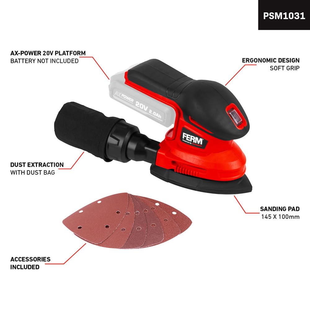 FERM AX-Power Ponceuse Delta sans fil - 280W - Vitesse variable - 6 feuilles abrasives - Adaptateur aspirateur - Softgrip - Pour bois et métal - Sans batterie ni chargeur