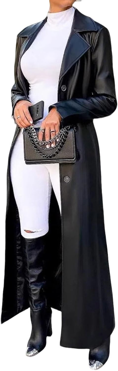 utcoco Womens Faux Leather Long Trench Coat Lapel Collar Button Down Maxi Overcoat Duster Jacket for Fall & Winter