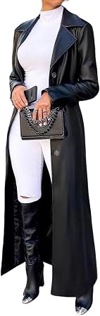 utcoco Womens Faux Leather Long Trench Coat Lapel Collar Button Down Maxi Overcoat Duster Jacket for Fall & Winter