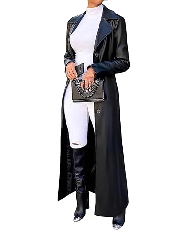utcoco Womens Faux Leather Long Trench Coat Lapel Collar Button Down Maxi Overcoat Duster Jacket for Fall & Winter