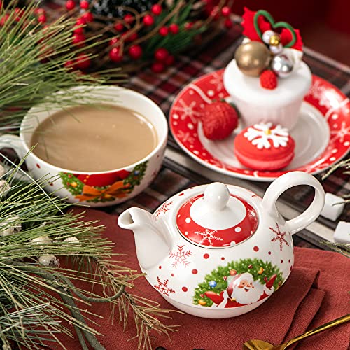 Veweet Christmas Teapot For One, Teapot With Teacup And Saucer Set, 13 Oz Tea Pot And 10 Oz Teacup, Santa Claus Tea For One Set #TOP6